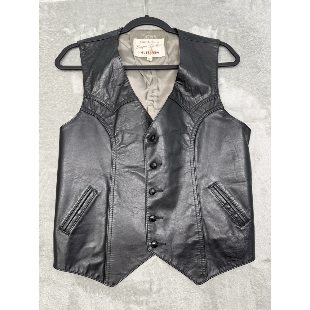 Vintage Grais Vest Mens Medium Black Angel Skin Leather Western Biker Moto 70s